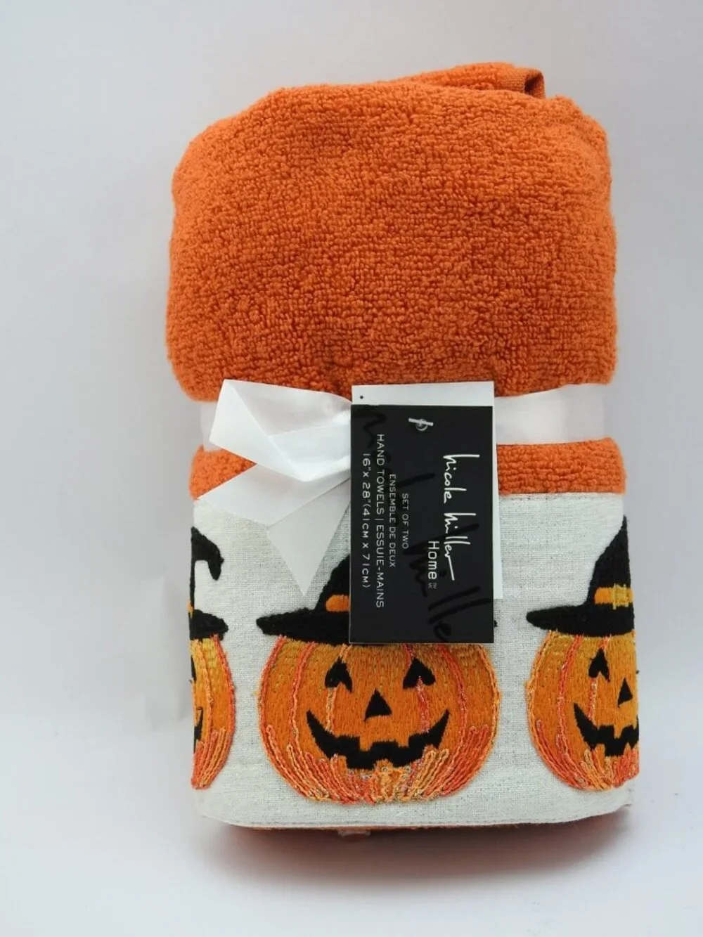 Nicole Miller Halloween Pumpkin Orange Hand Towels Set Of 2 Embroidered NWT